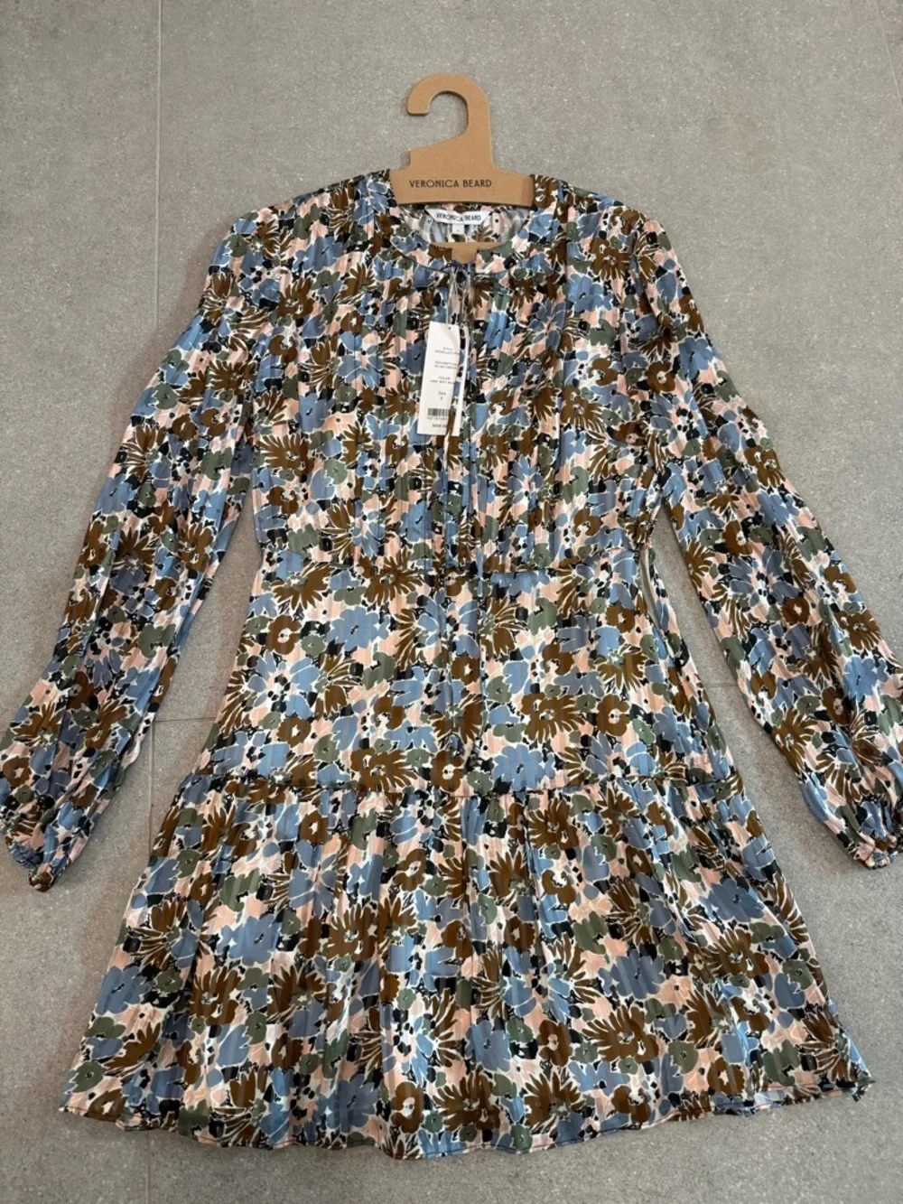 Veronica Beard Lake Mist Multi Floral Tie-Neck Tiered Mini Dress - Picture 1 of 7